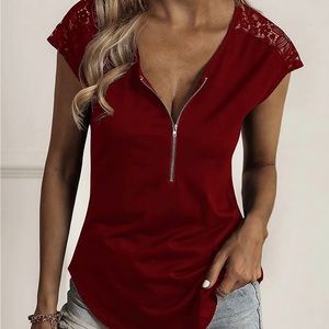 Loose fit, causal, zip up crew neck with lace sleeve shirt